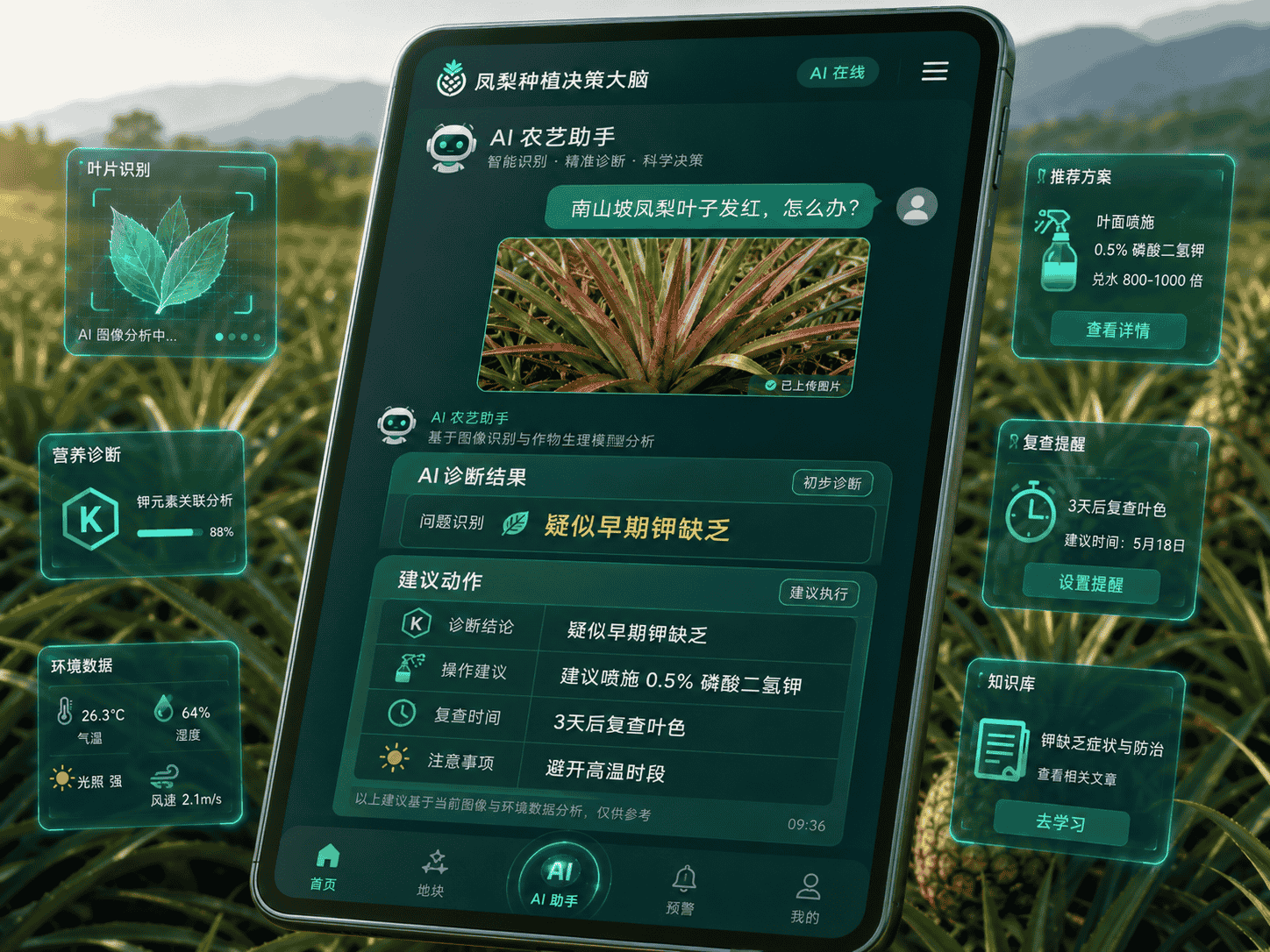 AI 农事建议与处方交互示意
